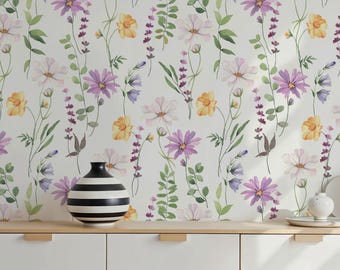 Watercolor Wildflower Peel and Stick Wallpaper | Cottagecore Floral Wall Mural | Colorful Flower Wall art