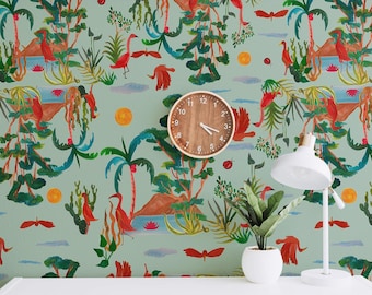 Tropical Flamingo Wallpaper Peel and Stick | Exotic Jungle Bird Pattern | Tropical Coastal Wall Art | Colorful Botanical Removable Wallpaper