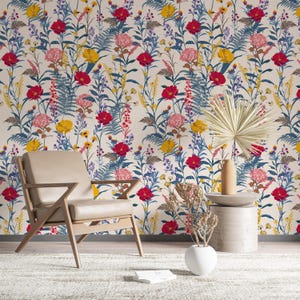 Bunte Wildblumen Print-Tapete für Wohnzimmer, Schlafzimmer und Büroakzent-Wände | Mutige botanische Peel & Stick Wandkunst