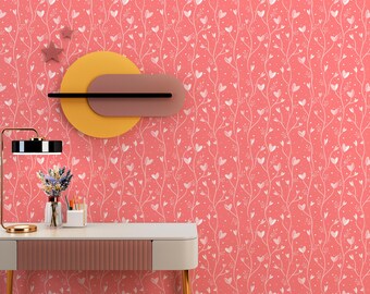 Valentine Pink Floral Wallpaper | Romantic Heart Flower Wall Mural | Love Aesthetic Bedroom Decor | Peel and Stick Wallpaper