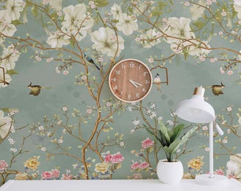 Chinoiserie Wallpaper Peel and Stick | Vintage Floral Bird Wall Mural | Removable Wallpaper for Living Room | Renter Friendly Deco