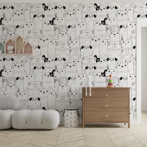 Adorable Black and White Dog Pattern | Easy Peel & Stick Wallpaper | Removable Kids Room Wall Decal | Pet lover gift | Gift for her