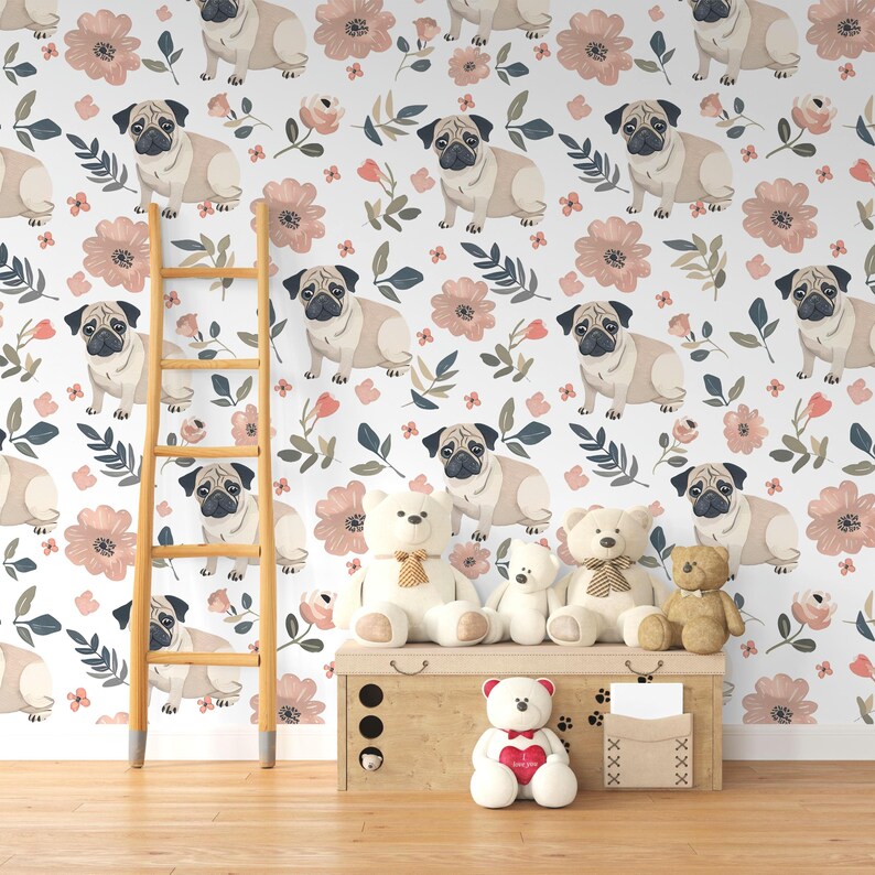 Adorable Pug Dog Floral Wallpaper | Cute Pet & Flower Pattern Removable ...