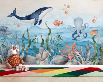 Under the Sea Wallpaper Mural | Ocean Animal Peel and Stick Wallpaper | Nursery Wall Decor | Sea Life Wall Mural