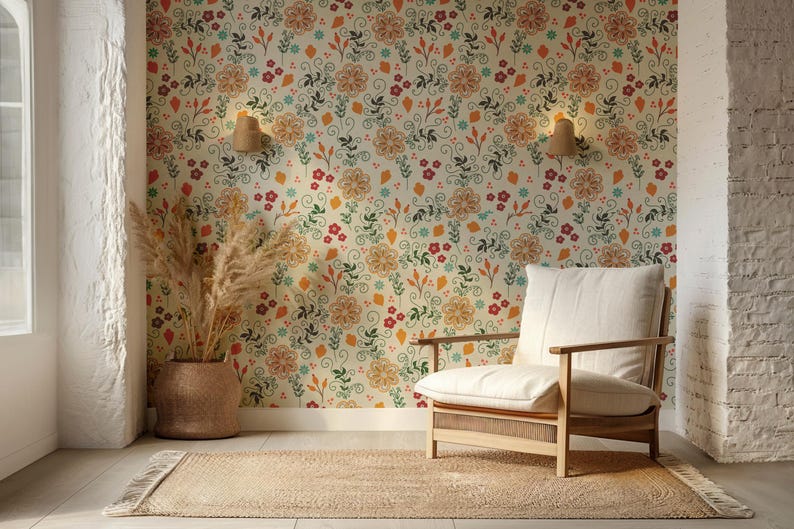 Retro Floral Peel and Stick Wallpaper | Vintage Folk Art Flower Wall ...