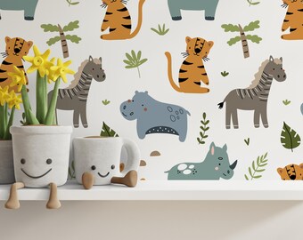 Safari Animal Wallpaper | Jungle Animal Nursery Wallpaper | Peel and Stick Kids Room Decor | Removable Animal Wallpaper
