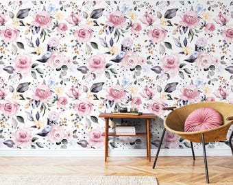Zachtroze bloemenbehang| Aquarelrozen Peel-and-Stick-behang | Afneembaar | Woonkamer