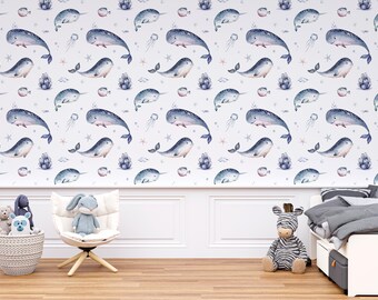 Ocean Nursery Decor | Blue Whale Wallpaper Peel and Stick  |  Underwater Sea Creatures Whimsical Wallpaper | Nautical Kids Room Decor