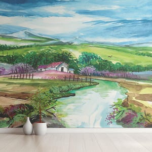 Carta da parati murale con paesaggio ad acquerello / Carta da parati adesiva con cottage di campagna / Carta da parati murale panoramica rimovibile / Carta da parati con vista sulla natura