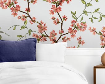 Watercolor Floral Wallpaper| Peel and Stick Pink Chinoiserie Wall Pattern | Cherry Blossom Wallpaper | Removable Bathroom Decor