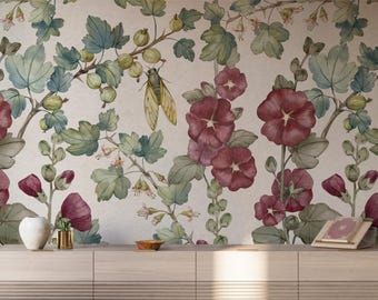 Vintage Botanical Wallpaper | Red Hollyhock Floral Wallpaper | Cottage Garden Peel and Stick Wallpaper | Vintage Nature Wall Mural