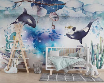 Ocean Nursery Wallpaper | Peel & Stick Nautical Wall Art | Underwater Sea Creatures Wallpaper