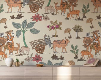 Indian Folk Art Peel and Stick Wallpaper | Traditional Rural Indian Pattern Removable Wallpaper | Cultural Home Decor | Boho Decor