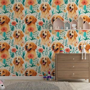 Golden Retriever Colorful Dog Drawing Wall Sticker Kids Room Self Adhesive, Peel and Stick Wallpaper, Pre-Pasted Wall Mural Home Decor Vinyl