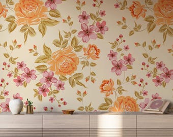 Orange Rose Floral Wallpaper Peel and Stick | Cottagecore Flower Pattern | Vintage Botanical Wall Decor | Removable Shabby Chic Wallpaper