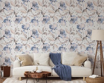 Blue Floral Watercolor Peel and Stick Wall Mural | Poppy Botanical Wallpaper