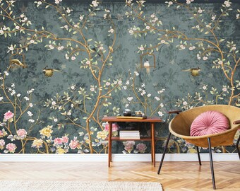 Dark Floral Chinoiserie Wallpaper | Chinoiserie Print Peel and Stick Wall Decor |  Moody Botanical Wallpaper | Botanical Wall Art
