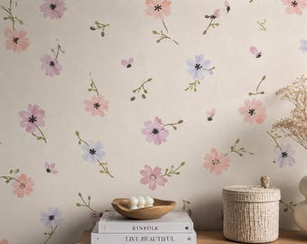 Soft Pink Blue Floral Wallpaper | Minimal Flower Peel and Stick Wallpaper | Vintage Botanical Wall Decor