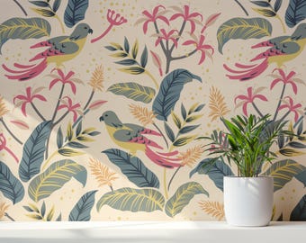 Colorful Bird Chinoiserie Wall Patterns | Exotic Bird and Palm Leaf Wallpaper | Grandmillennial Wall Decor