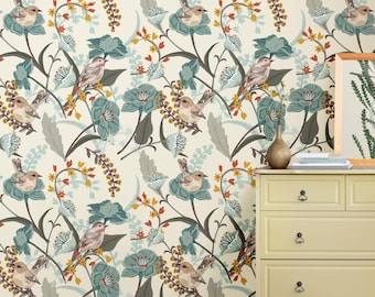 Chinoiserie Bird Wallpaper Peel and Stick | Vintage Floral Botanical Wall Art | Cottagecore Wall Decor | Blue Bird Floral Pattern