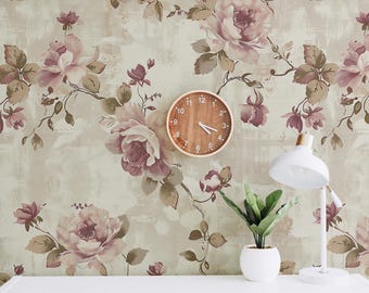 Vintage Floral Wallpaper Peel and Stick | Romantic Rose Wallpaper | Shabby Chic Floral Wallpaper | Removable Botanical Wallpaper