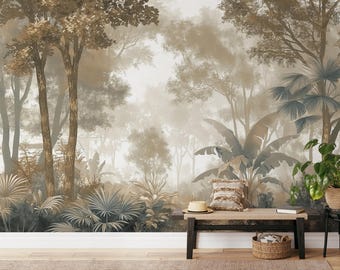 Tropical Forest Wallpaper Mural | Vintage Jungle Mural | Botanical Peel and Stick Wallpaper | Removable Nature Decor