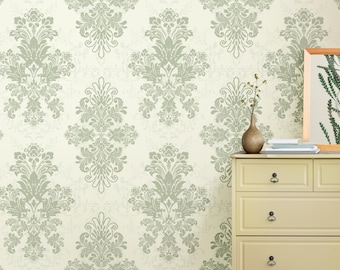 Sage Green Damask Wallpaper | Vintage Victorian Peel and Stick Wallpaper | Green Floral Wall Decor | Removable Kitchen Room Decor