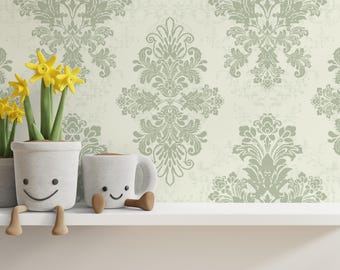 Sage Green Damask Wallpaper | Vintage Victorian Peel and Stick Wallpaper | Removable Wallpaper | Classic Floral Wall Decor