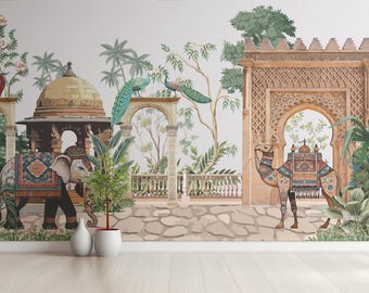 Jaipur Palace Wall Mural | Indian Elephant Camel Wallpaper | Boho Maximalist Wallpaper | Peacock Garden Wall Art | Peel and Stick Removable
