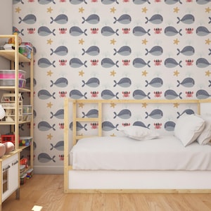 Whale and Crab Kids Wallpaper | Ocean Theme Nursery Wallpaper | Cute Sea Animal Wall Decor |Fish Wallpaper |  Coastal Kids Room Decor