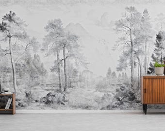 Grey Forest Scenery Wallpaper | Vintage Landscape Wall Mural Peel and Stick | Removable Neutral Decor