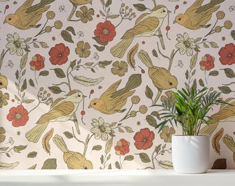 Vintage Yellow Bird Wallpaper | Botanical Floral Peel and Stick Wallpaper | Cottagecore Bird Pattern | Removable Grandmillennial Wall Decor