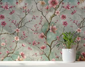 Vintage Blossom Wallpaper | Soft Pink Floral Wallpaper | Cherry Blossom Wall Art | Removable Cottagecore Decor