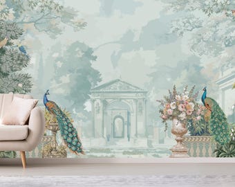 Peacock Chinoiserie Wallpaper Mural | Vintage Garden Wall Mural | Peel and Stick Wallpaper | Botanical Landscape Wallpaper