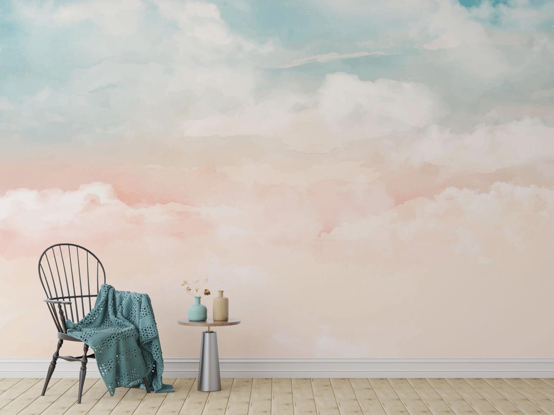 Pastel Sky Cloud Wallpaper Mural | Pink & Blue Ombre Peel and Stick ...