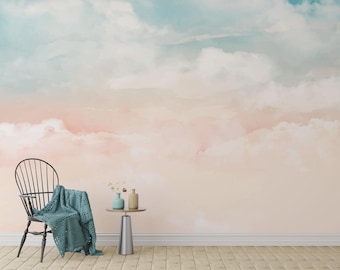 Pastel Sky Cloud Wallpaper Mural | Pink & Blue Ombre Peel and Stick Wall Art