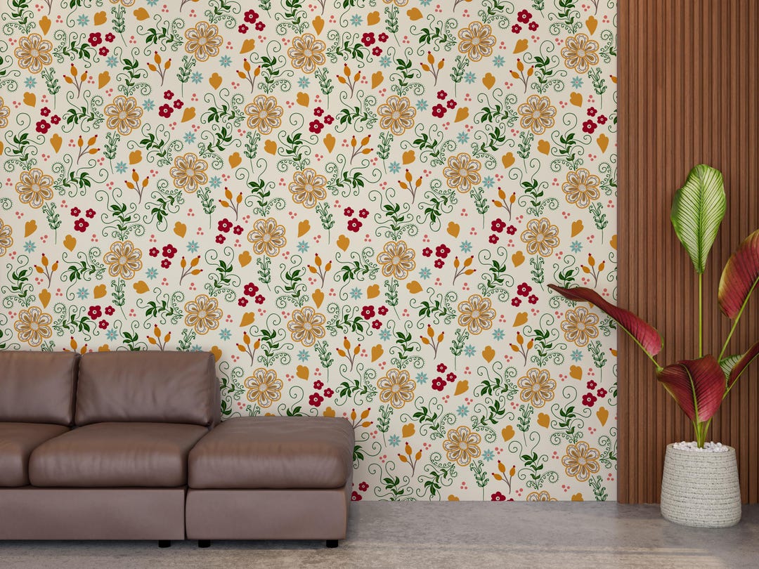 Retro Floral Peel and Stick Wallpaper | Vintage Folk Art Flower Wall ...