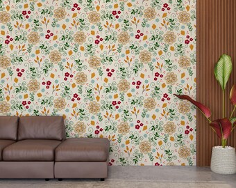 Retro Floral Peel and Stick Wallpaper | Vintage Folk Art Flower Wall Mural | Boho Botanical Removable Wallpaper | Self Adhesive Wall Decor