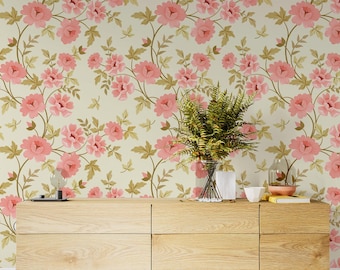 Pink Floral Wallpaper Peel and Stick | Vintage Botanical Wall Art | Shabby Chic Wall Decor | Removable Wallpaper