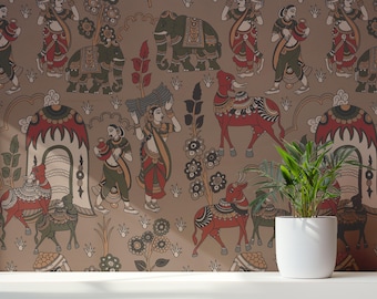 Indian Traditional Wallpaper | Indian Heritage Folk Art | Elephant & Cow Peel and Stick Wallpaper | Vintage Home Decor