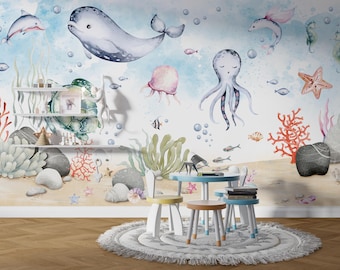 Ocean Nursery Wallpaper | Under The Sea Wall Decor | Whale Seahorse Coastal Wallpaper | Peel and Stick Nursery Wall Art