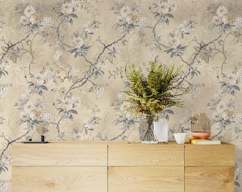 Vintage Floral Pattern Peel and Stick Removable Wallpaper | Neutral Chinoiserie Decor | Renter Friendly Decor | Beige Wallpaper