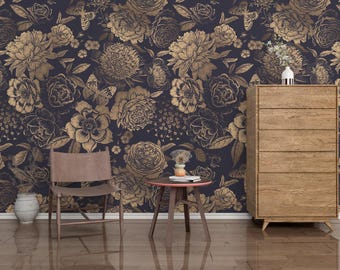 Black and Gold Floral Peel and Stick Wallpaper, Art Deco Style | Black Floral Wall Mural