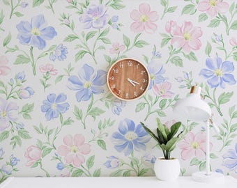 Pastel Floral Wallpaper | Watercolor Botanical Peel and Stick Wallpaper | Pink Blue Flower Pattern | Renter Friendly Decor