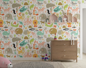 Alfabetbehang jungledieren | Kinderkamerdecoratie | Peel and Stick-achtergrond met junglethema