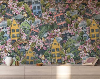 Whimsical European Town Wall Art Peel and Stick | Floral Cottagecore decor | Cityscape Vintage Wallpaper| Colorful Botanical Removable Decor