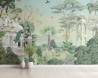 Chinoiserie Peacock Wallpaper Mural | Indian Palace Peel and Stick Wall Art| Tropical Garden Decor | Vintage Botanical Wallpaper