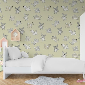 Whimsical Puppy Wallpaper | Cute Cartoon Dog Removable Wall Mural | Peel & Stick Kids Room Wallpaper | Playful Puppy Pattern Wall Decor