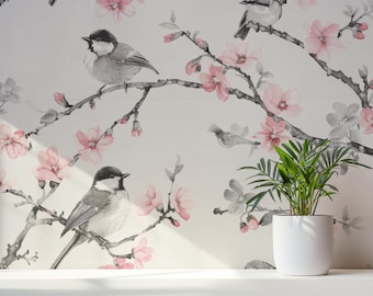 Spring Blossom Wallpaper | Bird and Branch Peel and Stick Wallpaper | Romantic Wall Decor | Shabby Chic Bird Wallpaper
