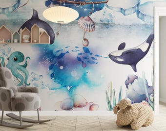 Ocean Nursery Wallpaper | Peel & Stick Nautical Wall Art | Underwater Sea Creatures Wallpaper